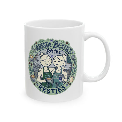 White mug with barista-themed design featuring two illustrated baristas and text on a white background