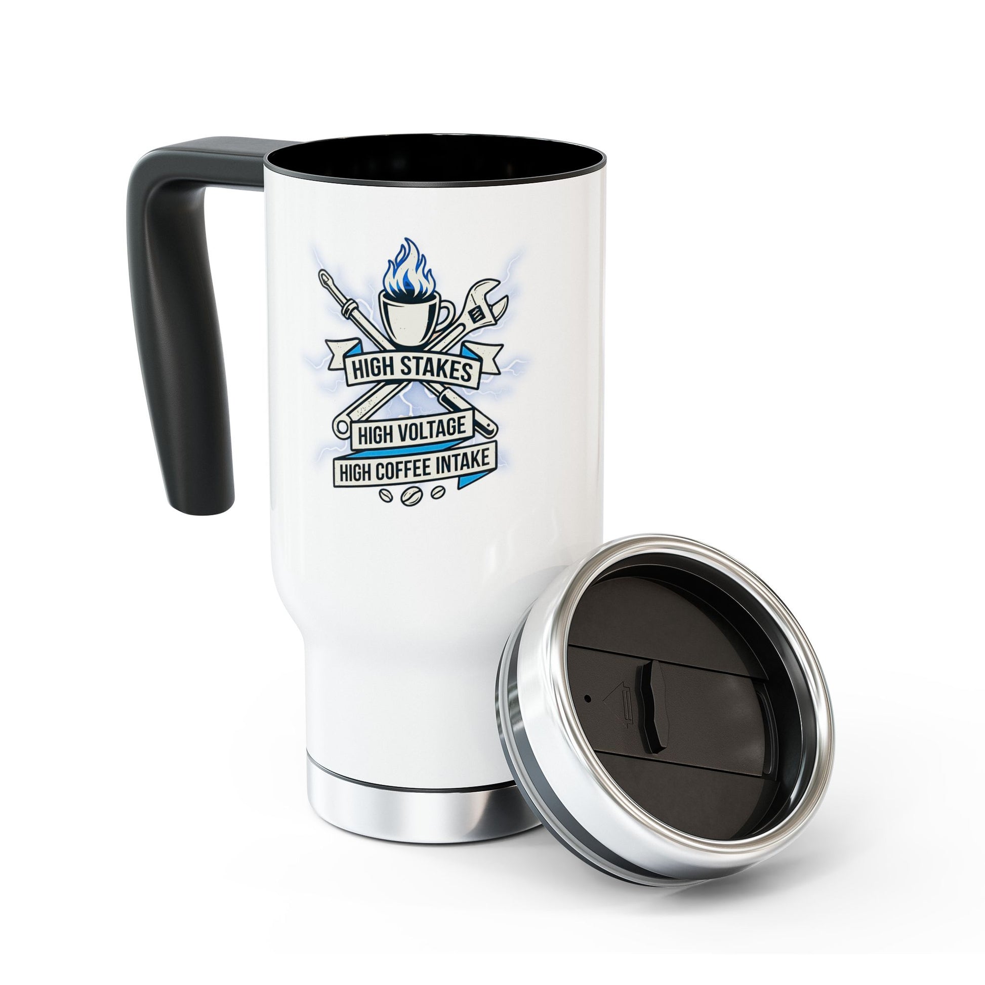 high stakes,high voltage, high coffee intake- travel mug design for electrical lineworker