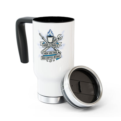 high stakes,high voltage, high coffee intake- travel mug design for electrical lineworker