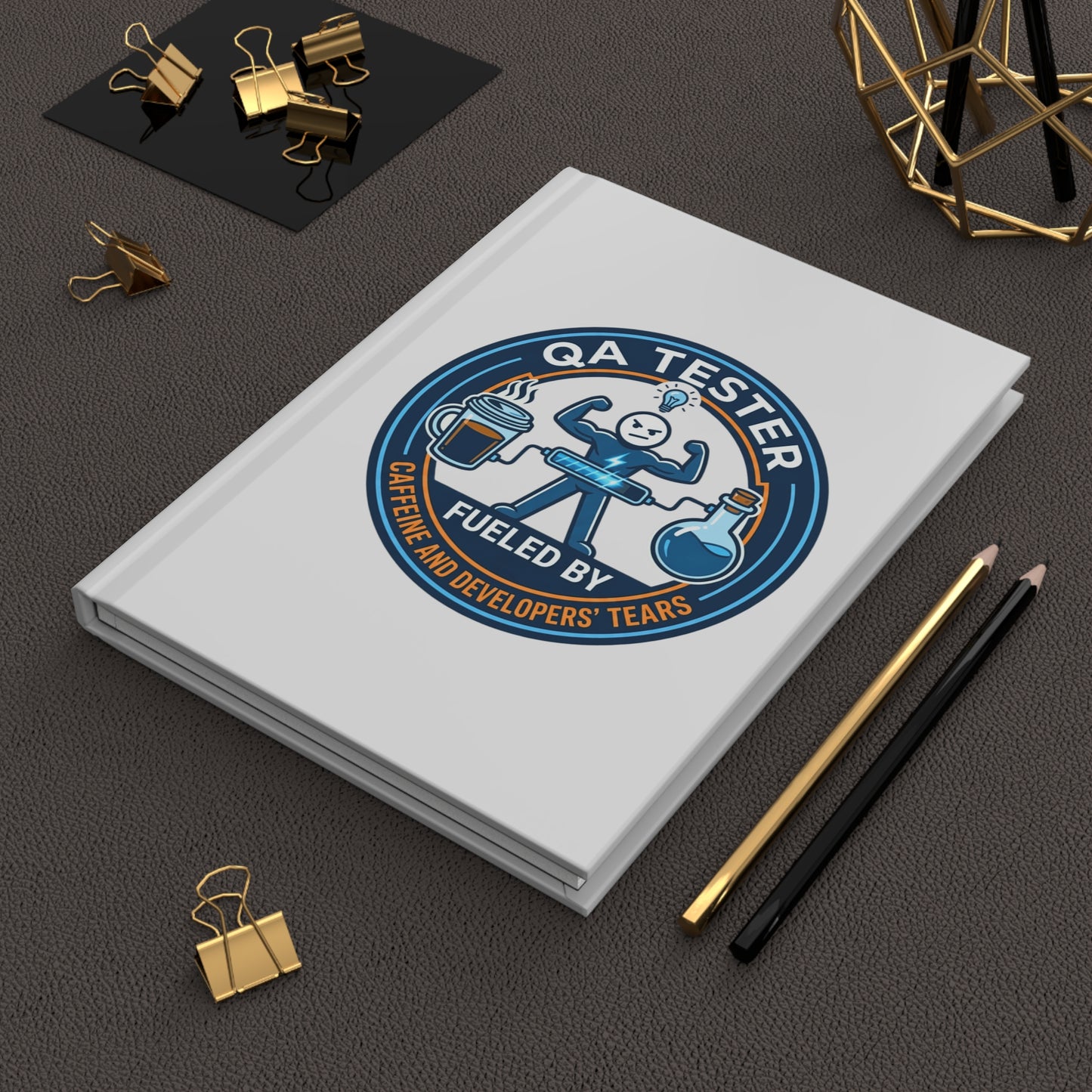 QA(Quality Assurance) Tester Funny Design- " Fueled by caffeine and developers' tears"- 150(75 sheets) Lined Pages Hardcover Notebook