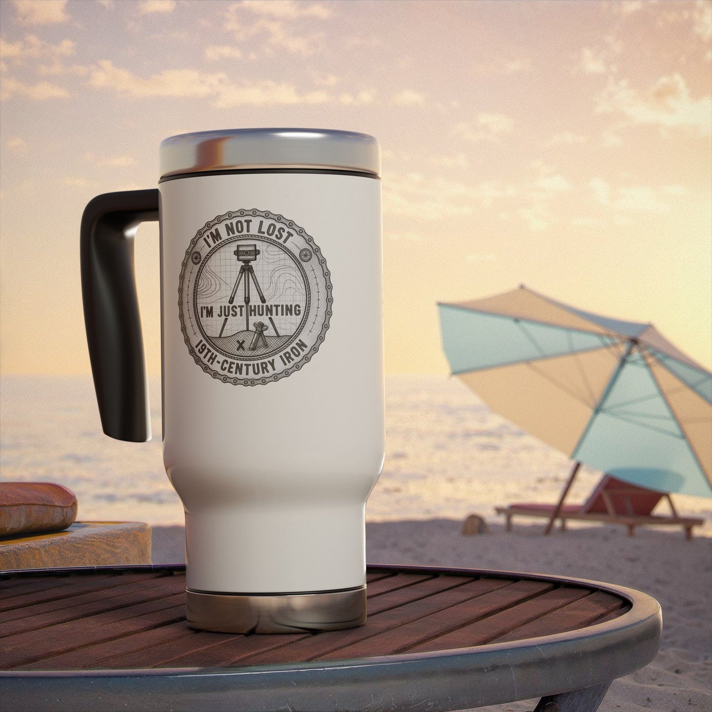 Travel mug with a design and text on a beach setting