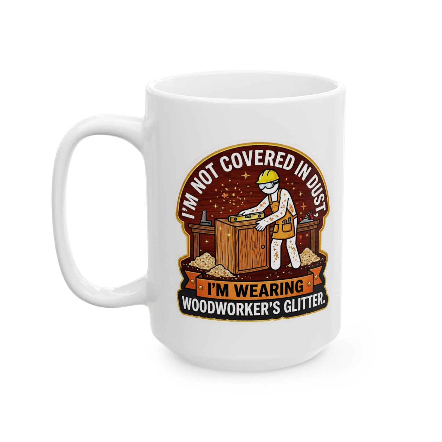 White mug with a graphic of a woodworker and text on a white background