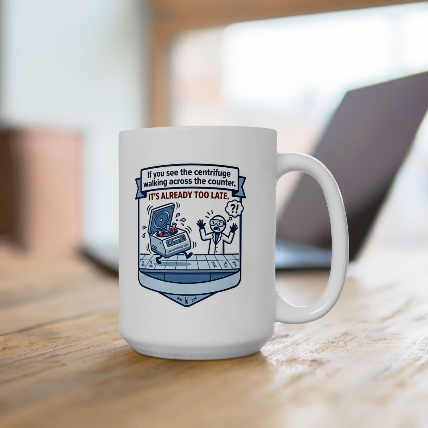 White mug with a humorous design on a wooden surface