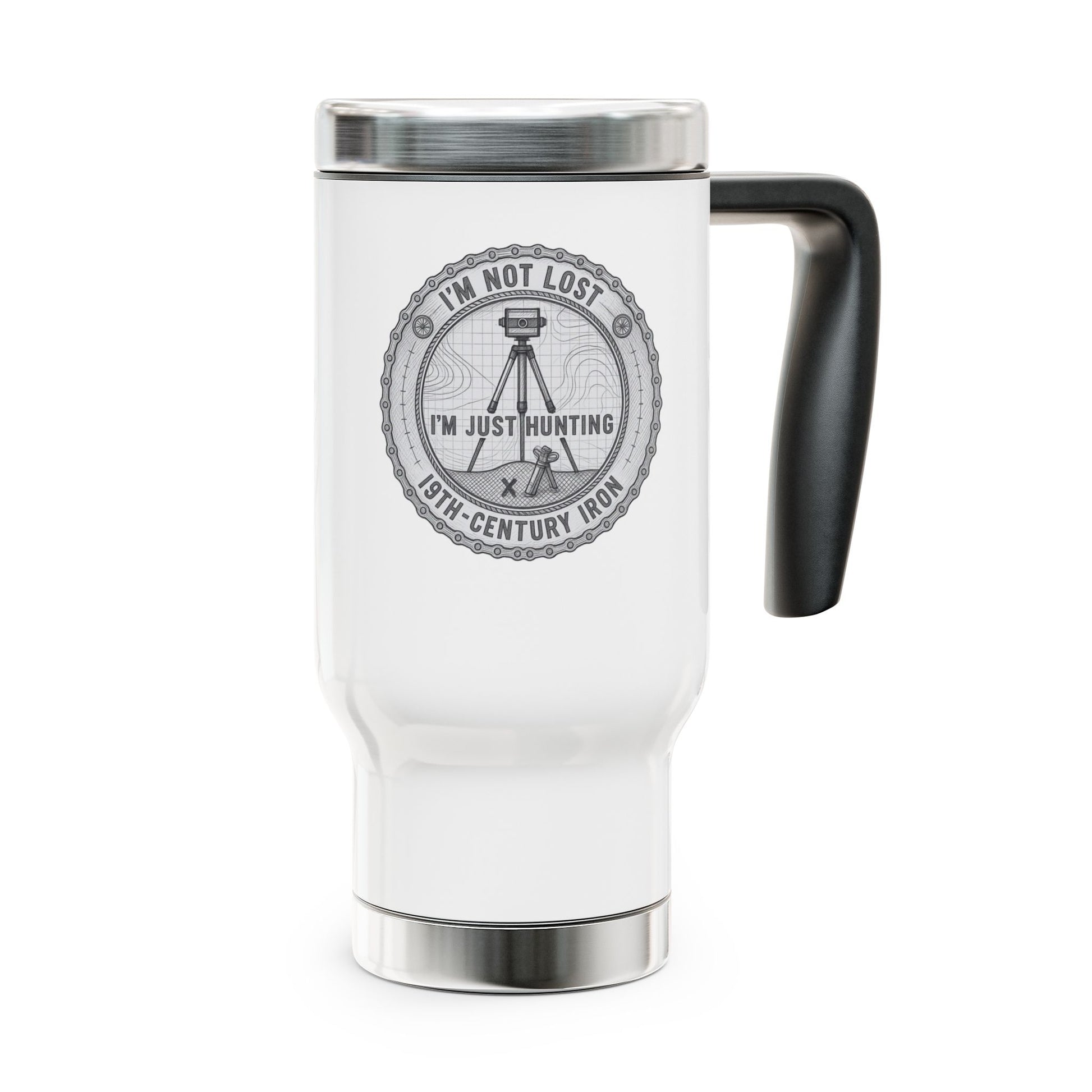 White travel mug with black handle featuring a hunting-themed design on a white background
