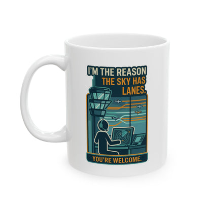White mug with aviation-themed design and text on a white background