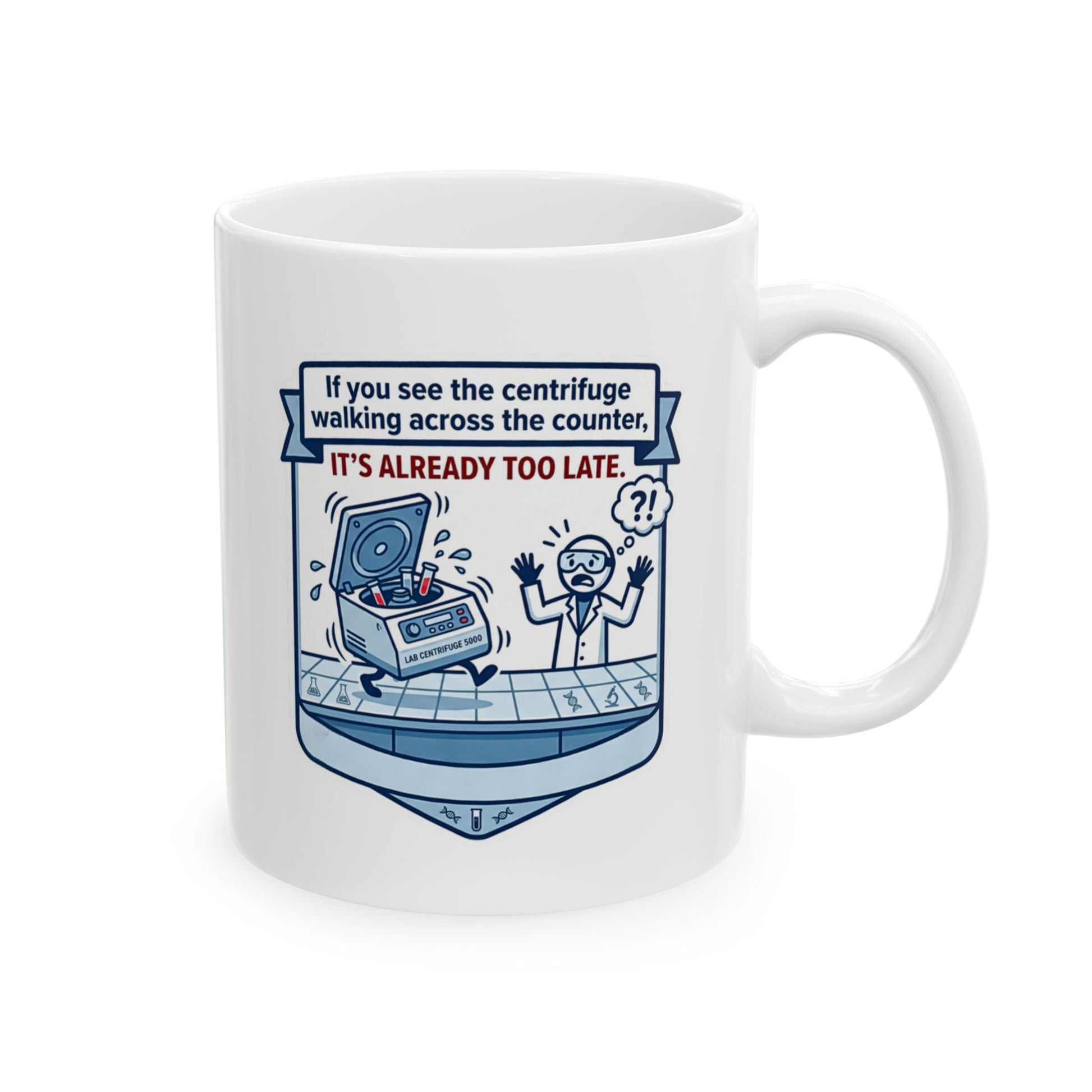 White mug with a blue and white graphic and text on a white background