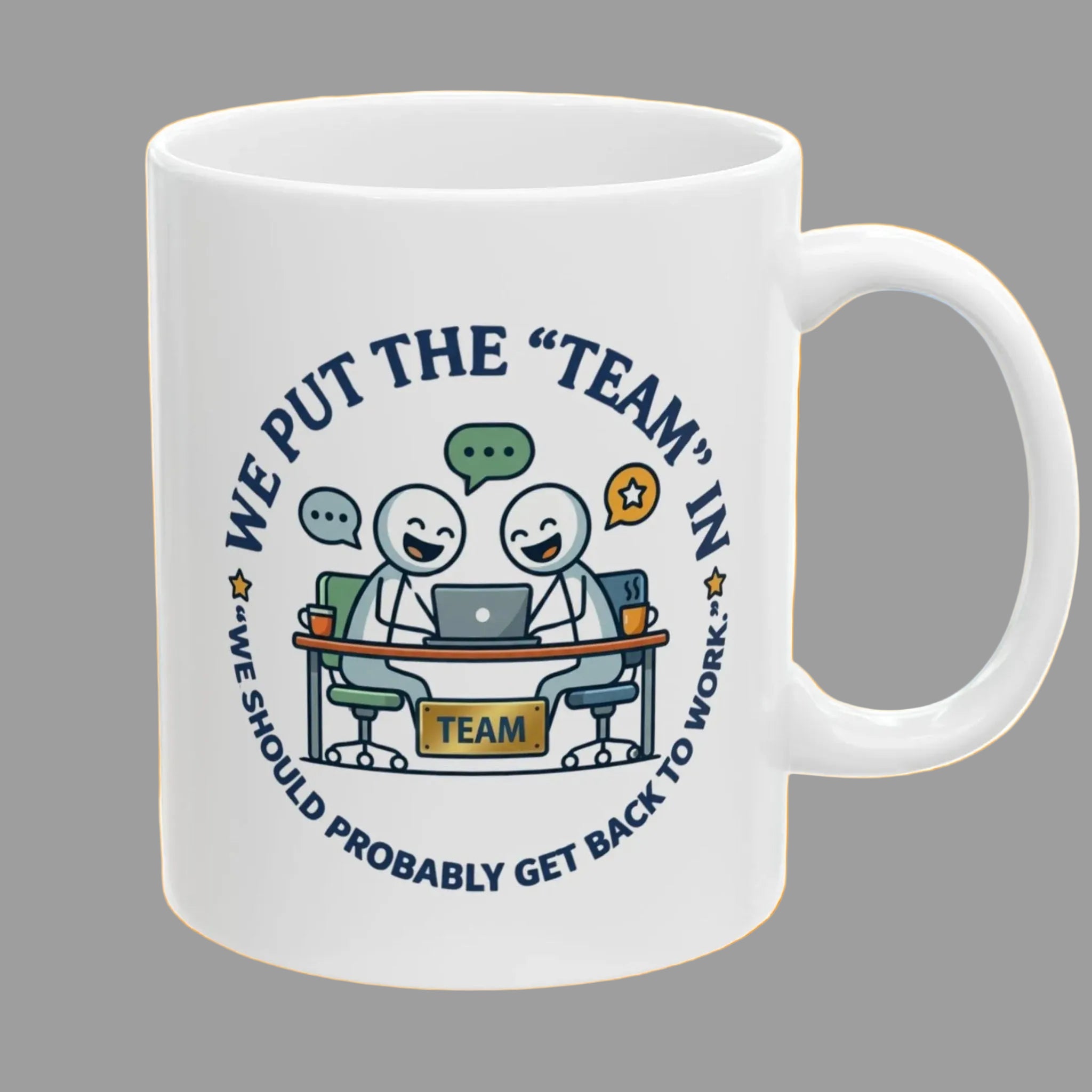White mug with a team-themed design and text on a white background