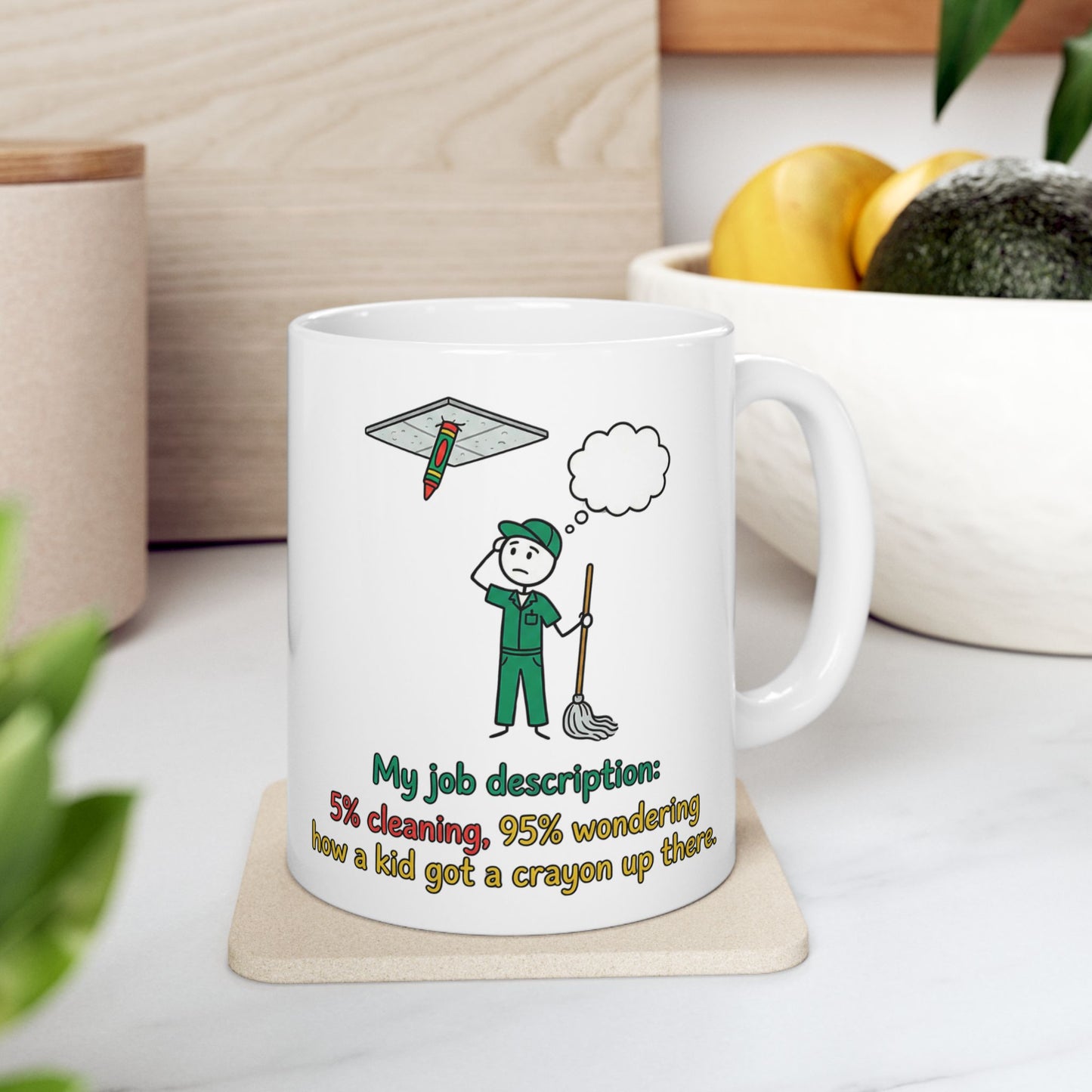 Funny School Custodial/Janitorial Worker gift- "My job description:5% cleaning,95% wondering how a kid got a crayon up there"- 11/15oz Ceramic Coffee Mug