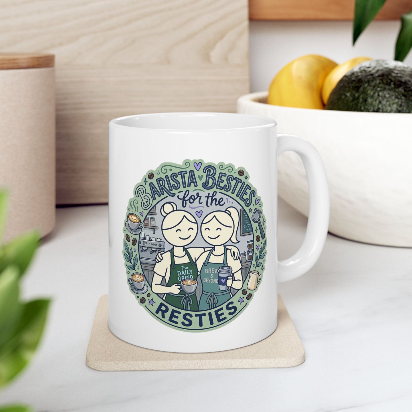 White mug with a graphic design featuring two baristas and text on a wooden surface.