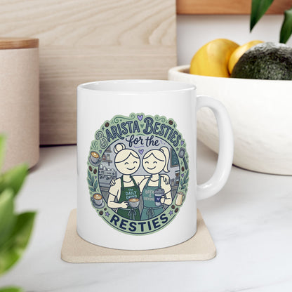 White mug with a graphic design featuring two baristas and text on a wooden surface.