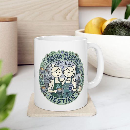 White mug with a graphic design featuring two baristas and text on a wooden surface.