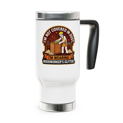 White travel mug with a graphic and text about woodworkers on a white background