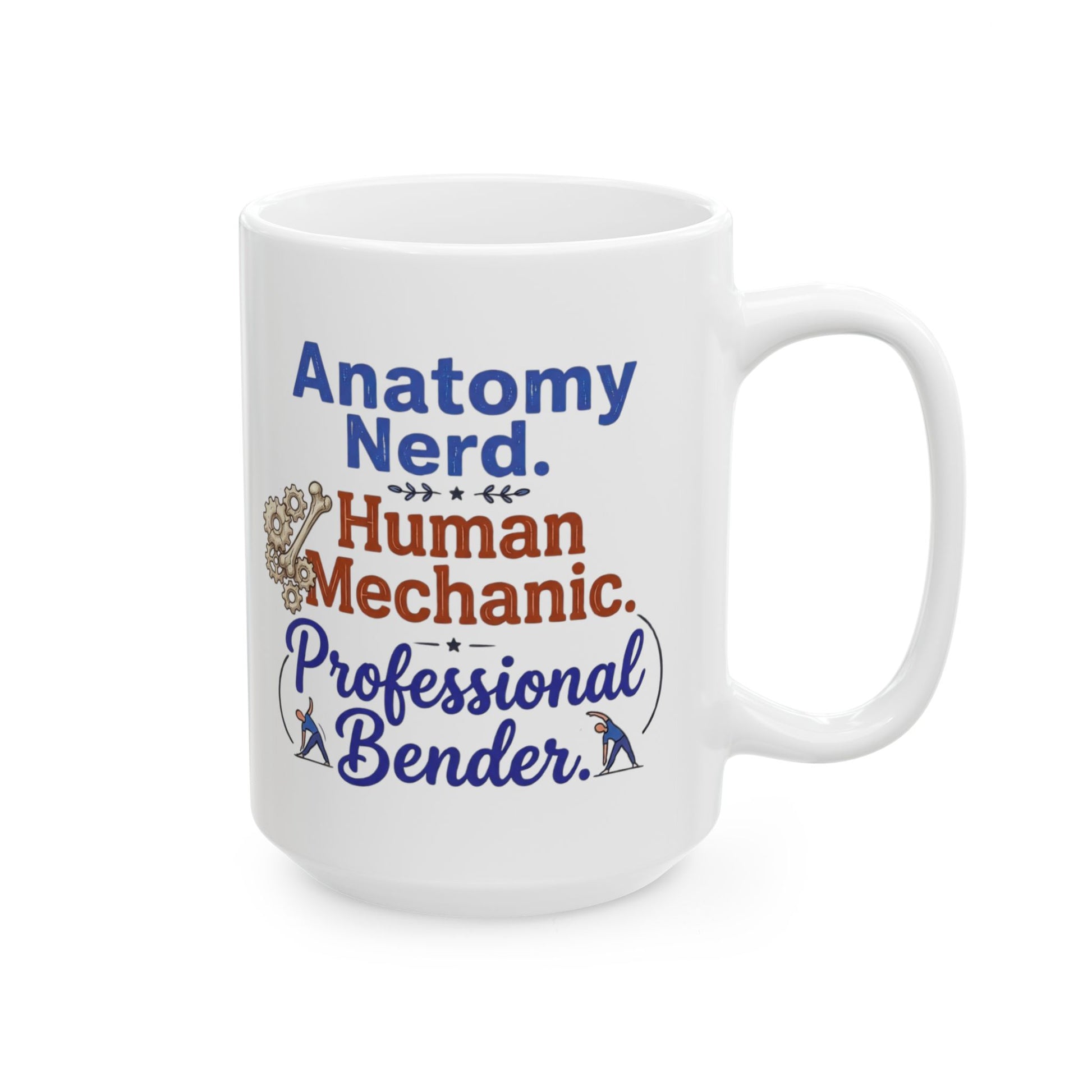 White mug with colorful text design on a white background