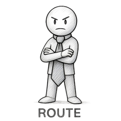 Black and white illustration of a character with arms crossed, labeled 'ROUTE'.