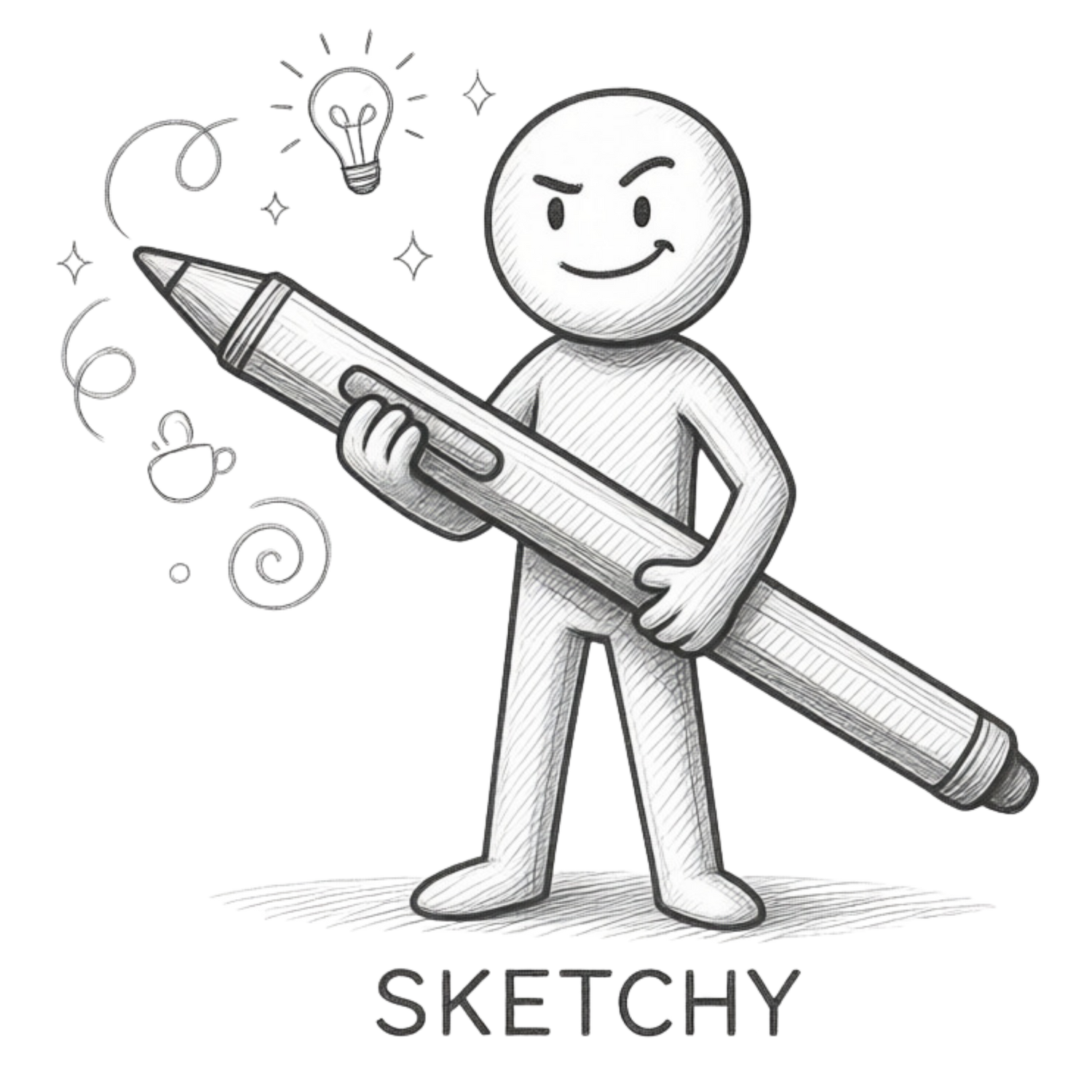 Illustration of a character holding a large pencil with a light bulb above, labeled 'Sketchy'.